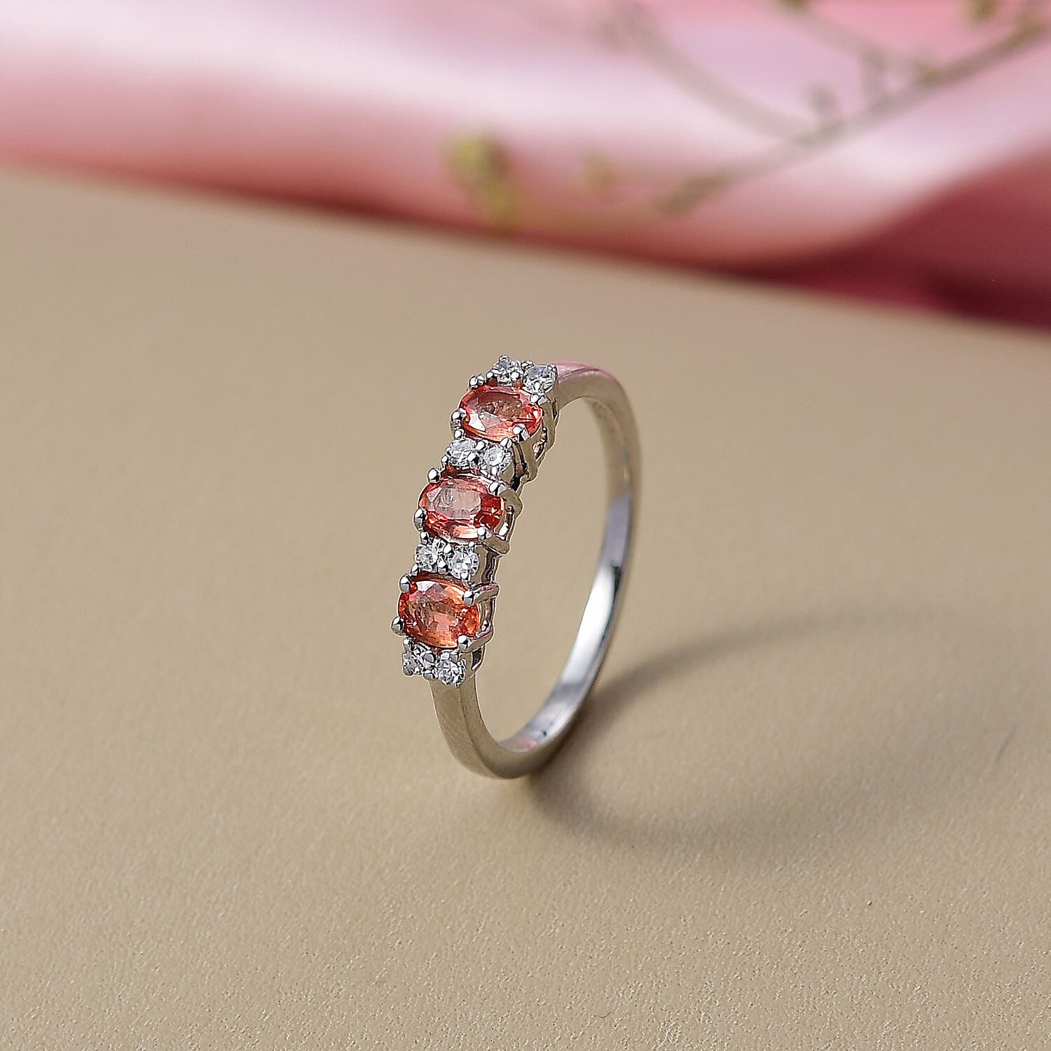 Luxuriant 950 Platinum AAAA Padparadscha Sapphire Lab Grown Diamond (SI-GH) Ring 0.71 Ct, Platinum Wt. 3.37 Gms.