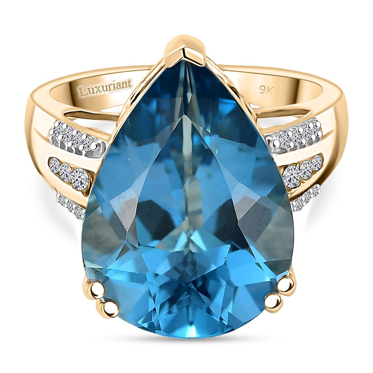 Luxuriant 9K Yellow Gold AA London Blue Topaz & Lab Grown Diamond (SI-GH) Ring 12.89 Ct.