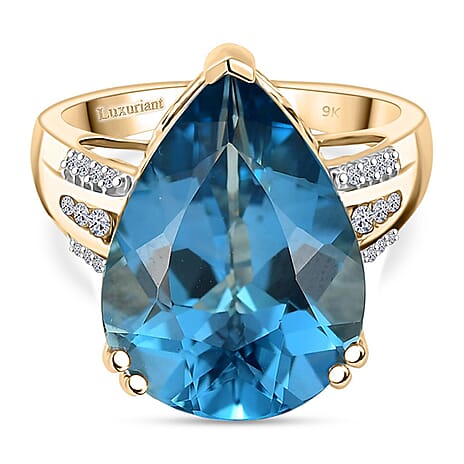 Luxuriant 9K Yellow Gold AA London Blue Topaz & Lab Grown Diamond (SI-GH) Ring 12.89 Ct.