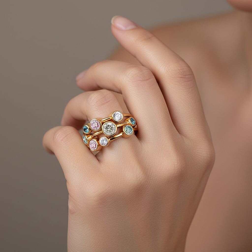 The Effervescent Watercolour Diamond Bubble Ring Set with 2.00cts of Si Clarity Lab Grown Yellow, Pink, White, Green & Blue Diamonds