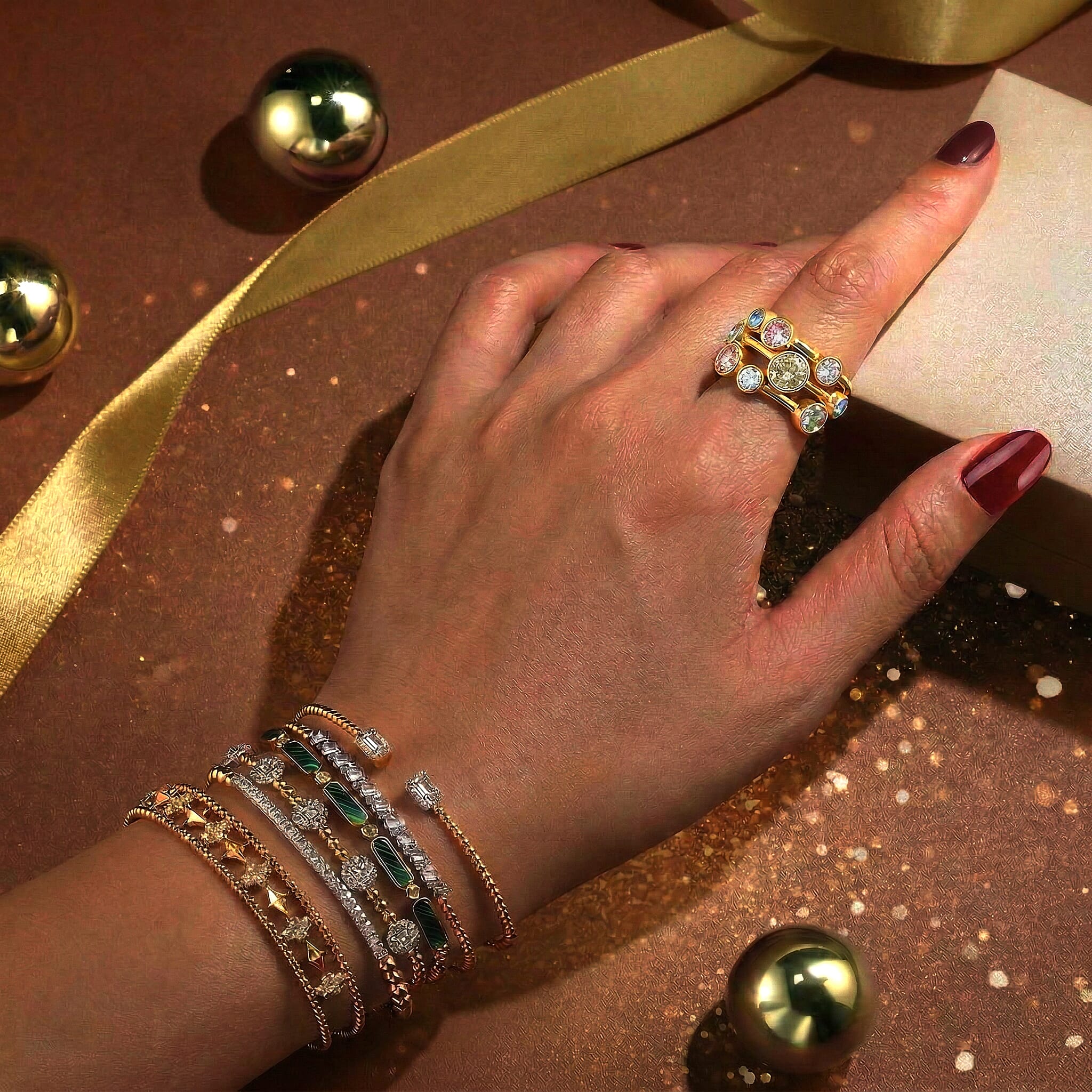 The Effervescent Watercolour Diamond Bubble Ring Set with 2.00cts of Si Clarity Lab Grown Yellow, Pink, White, Green & Blue Diamonds