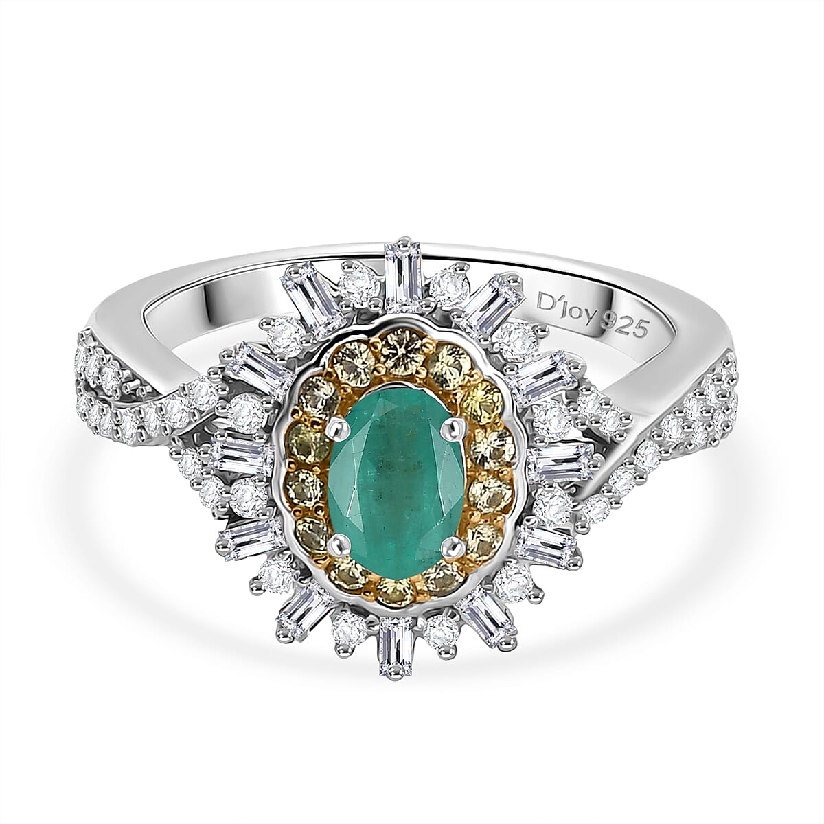 D'Joy Emerald, Yellow Sapphire & Moissanite Halo Ring in Rhodium Overlay Sterling Silver 1.02 Ct.