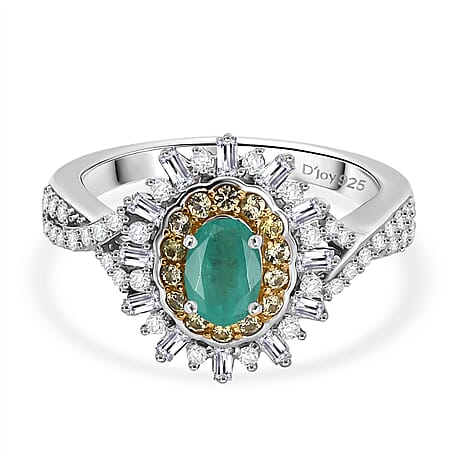 D'Joy Emerald, Yellow Sapphire & Moissanite Halo Ring in Rhodium Overlay Sterling Silver 1.02 Ct.
