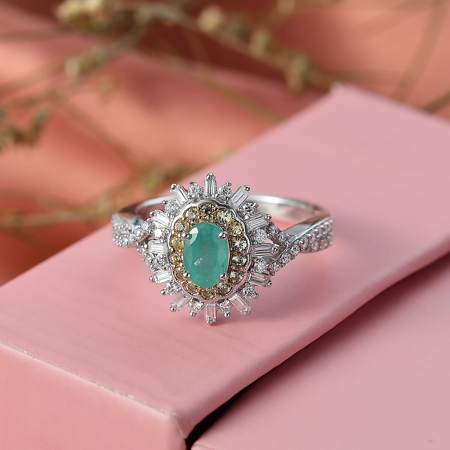 D'Joy Emerald, Yellow Sapphire & Moissanite Halo Ring in Rhodium Overlay Sterling Silver 1.02 Ct.