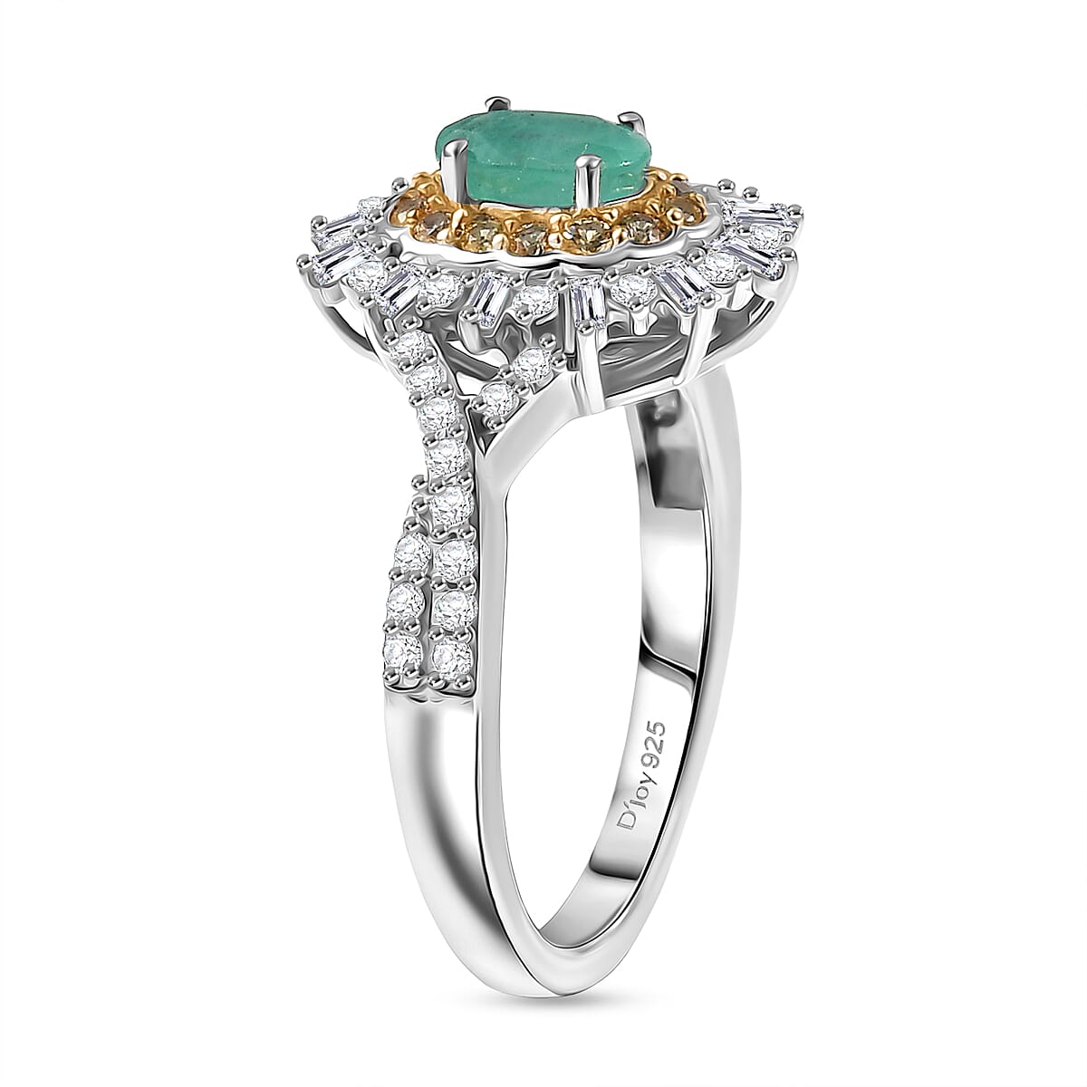 D'Joy Emerald, Yellow Sapphire & Moissanite Halo Ring in Rhodium Overlay Sterling Silver 1.02 Ct.