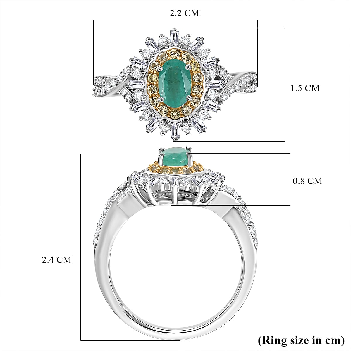 D'Joy Emerald, Yellow Sapphire & Moissanite Halo Ring in Rhodium Overlay Sterling Silver 1.02 Ct.