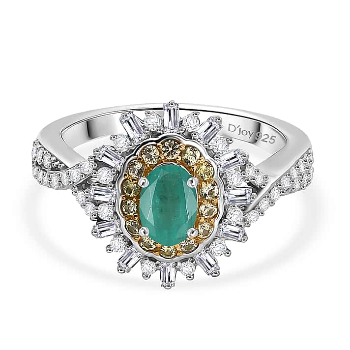 D'Joy Emerald, Yellow Sapphire & Moissanite Halo Ring in Rhodium Overlay Sterling Silver 1.02 Ct.