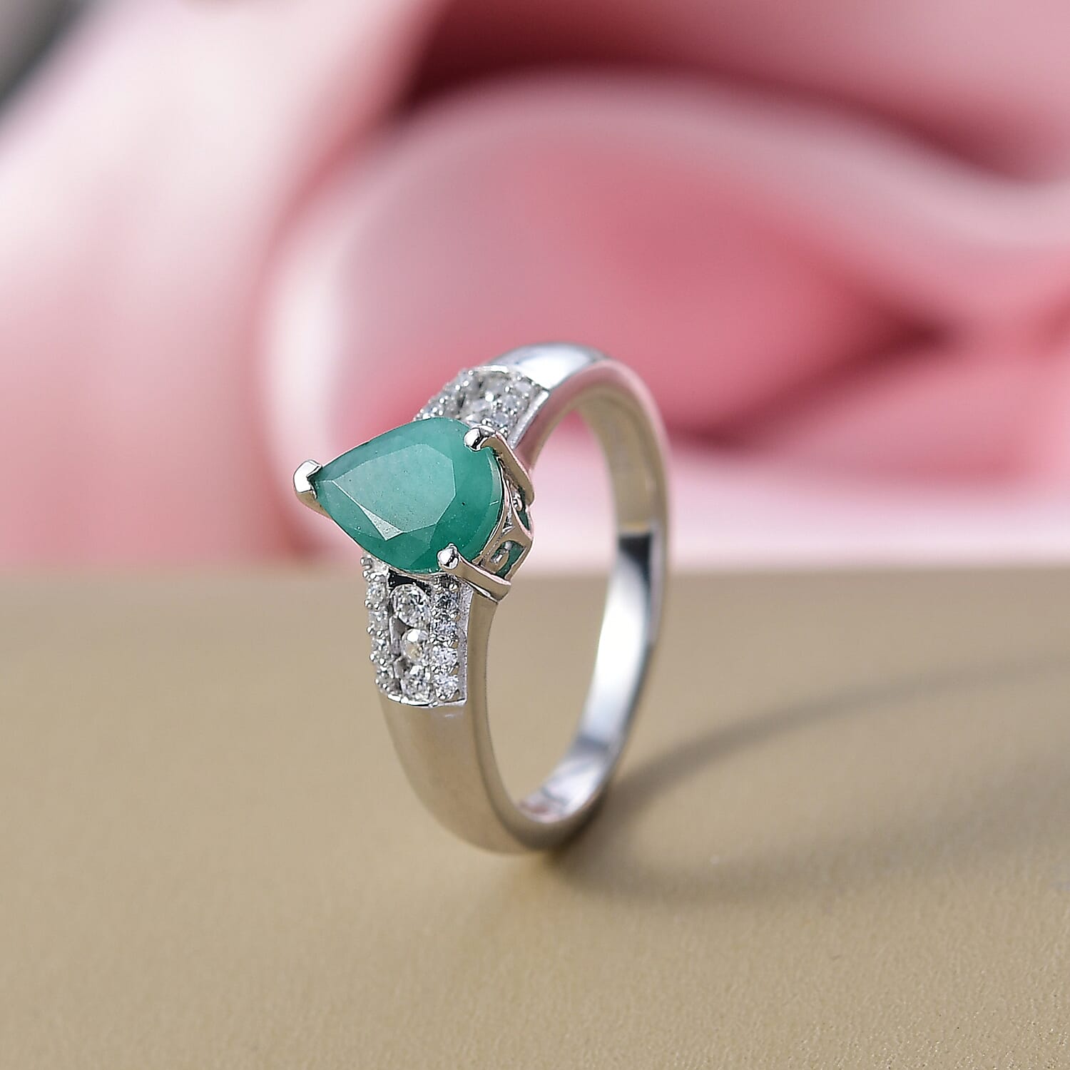 D'Joy Emerald & Moissanite Ring in Rhodium Overlay Sterling Silver 1.22 Ct.