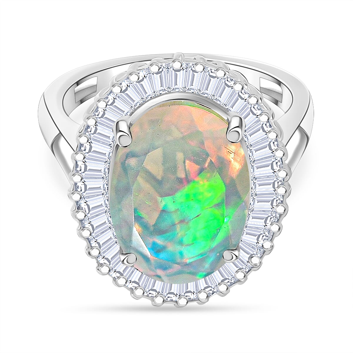 D'Joy Ethiopian Opal & Moissanite Main Stone with Surrounding Stone Ring in Rhodium Overlay Sterling Silver 4.24 Ct.
