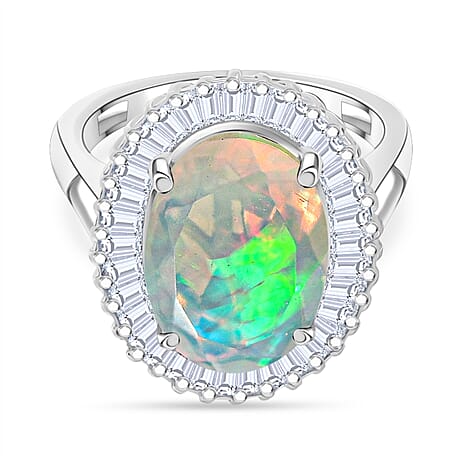 D'Joy Ethiopian Opal & Moissanite Main Stone with Surrounding Stone Ring in Rhodium Overlay Sterling Silver 4.24 Ct.