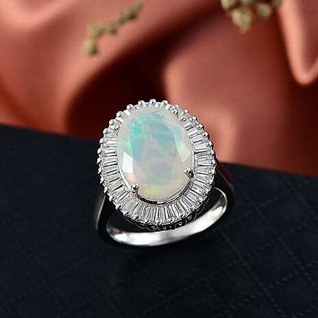 D'Joy Ethiopian Opal & Moissanite Main Stone with Surrounding Stone Ring in Rhodium Overlay Sterling Silver 4.24 Ct.