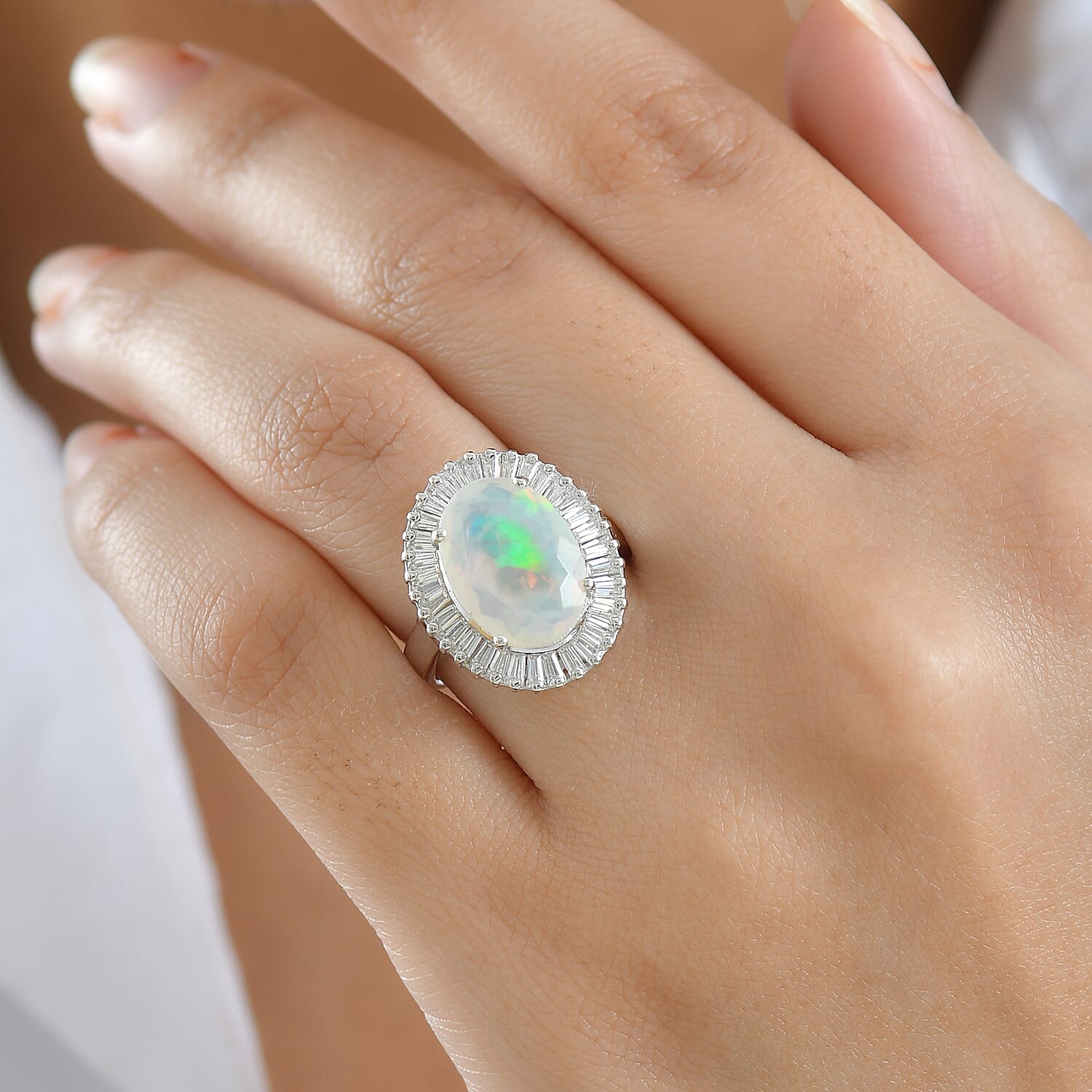 D'Joy Ethiopian Opal & Moissanite Main Stone with Surrounding Stone Ring in Rhodium Overlay Sterling Silver 4.24 Ct.