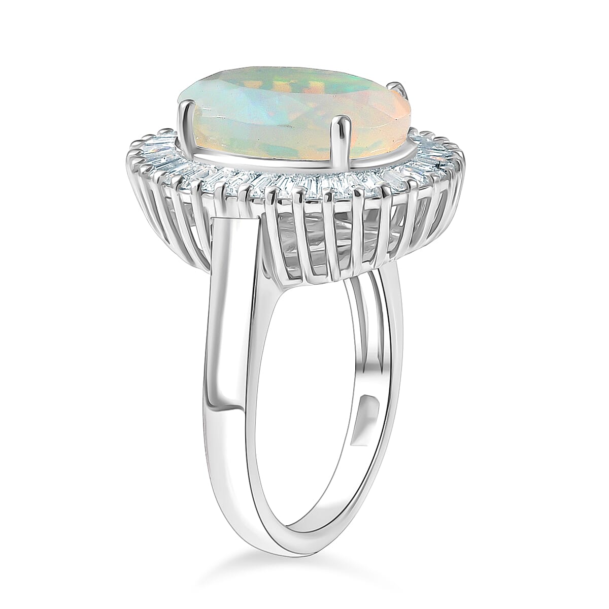 D'Joy Ethiopian Opal & Moissanite Main Stone with Surrounding Stone Ring in Rhodium Overlay Sterling Silver 4.24 Ct.
