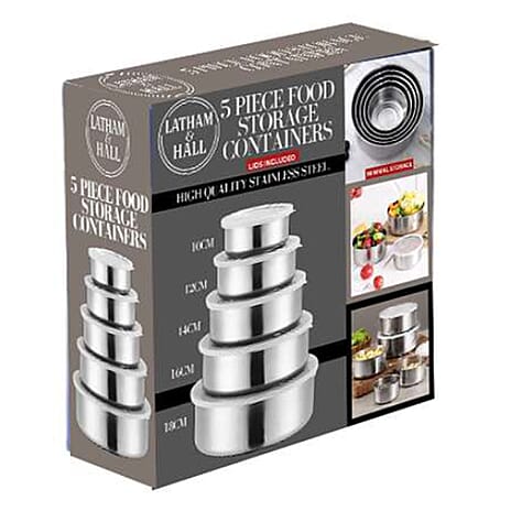 Latham - Hall 5 Piece Stainless Steel Food Storage Container Set with Lid - Not Dishwasher Safe