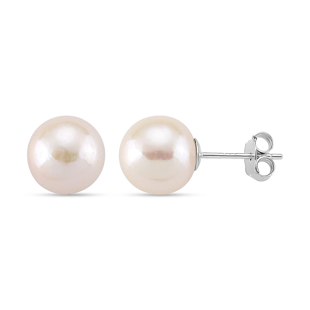 Premium White Edison Pearl (10MM) Earrings with Push Backs in Rhodium Overlay Sterling Silver
