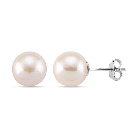 Premium White Edison Pearl (10MM) Earrings with Push Backs in Rhodium Overlay Sterling Silver