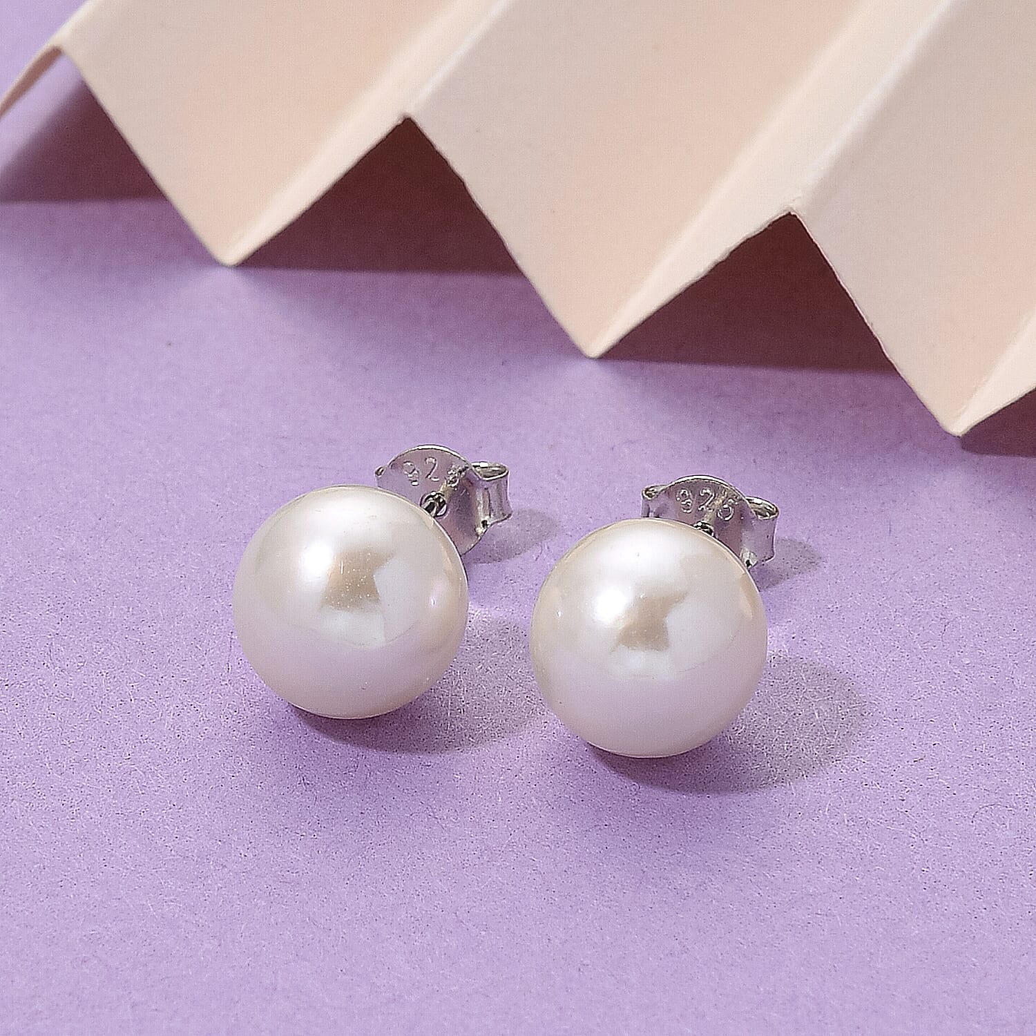 Premium White Edison Pearl (10MM) Earrings with Push Backs in Rhodium Overlay Sterling Silver