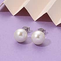 Premium White Edison Pearl (10MM) Earrings with Push Backs in Rhodium Overlay Sterling Silver