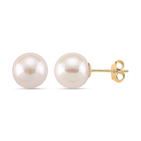 Premium White Edison Pearl (10MM) Earrings with Push Backs in Yellow Gold Overlay Sterling Silver