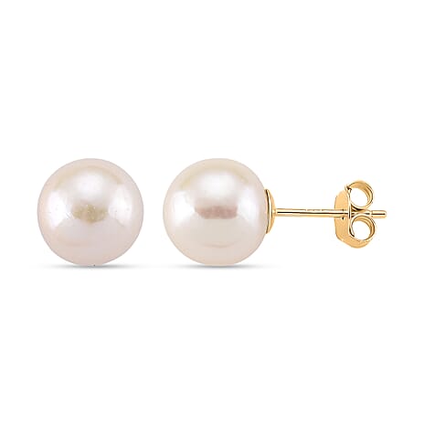 Premium White Edison Pearl (10MM) Earrings with Push Backs in Yellow Gold Overlay Sterling Silver