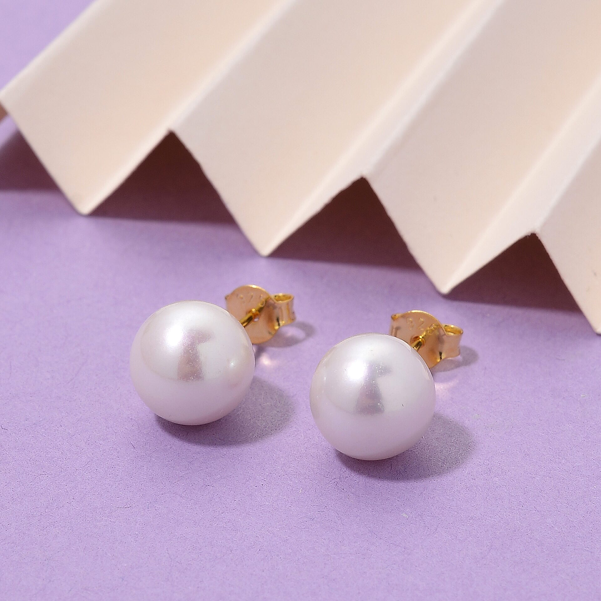 Premium White Edison Pearl (10MM) Earrings with Push Backs in Yellow Gold Overlay Sterling Silver