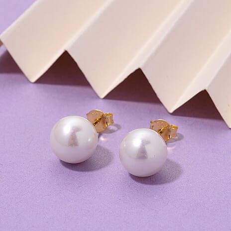 Premium White Edison Pearl (10MM) Earrings with Push Backs in Yellow Gold Plated Sterling Silver