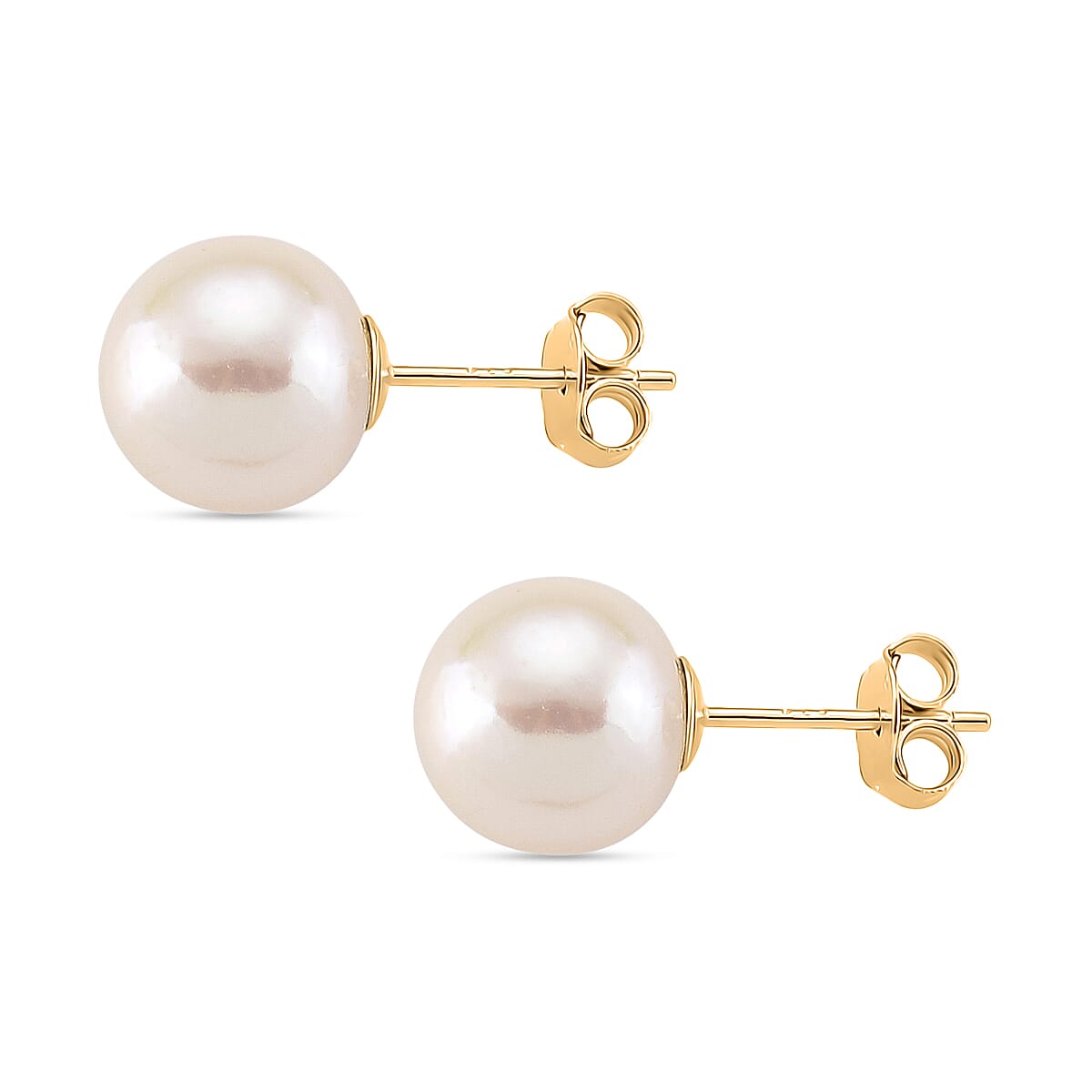 Premium White Edison Pearl (10MM) Earrings with Push Backs in Yellow Gold Overlay Sterling Silver