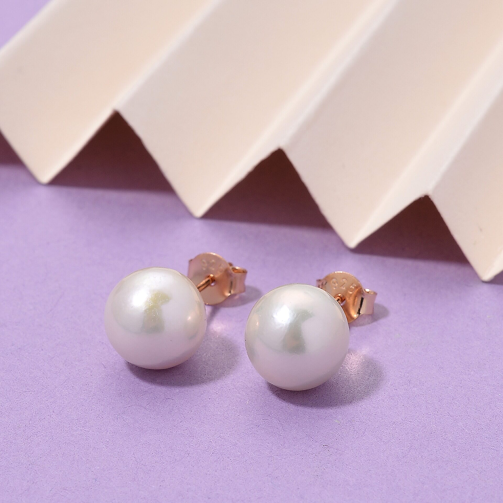 Premium White Edison Pearl (10MM) Earrings with Push Backs in Rose Gold Overlay Sterling Silver