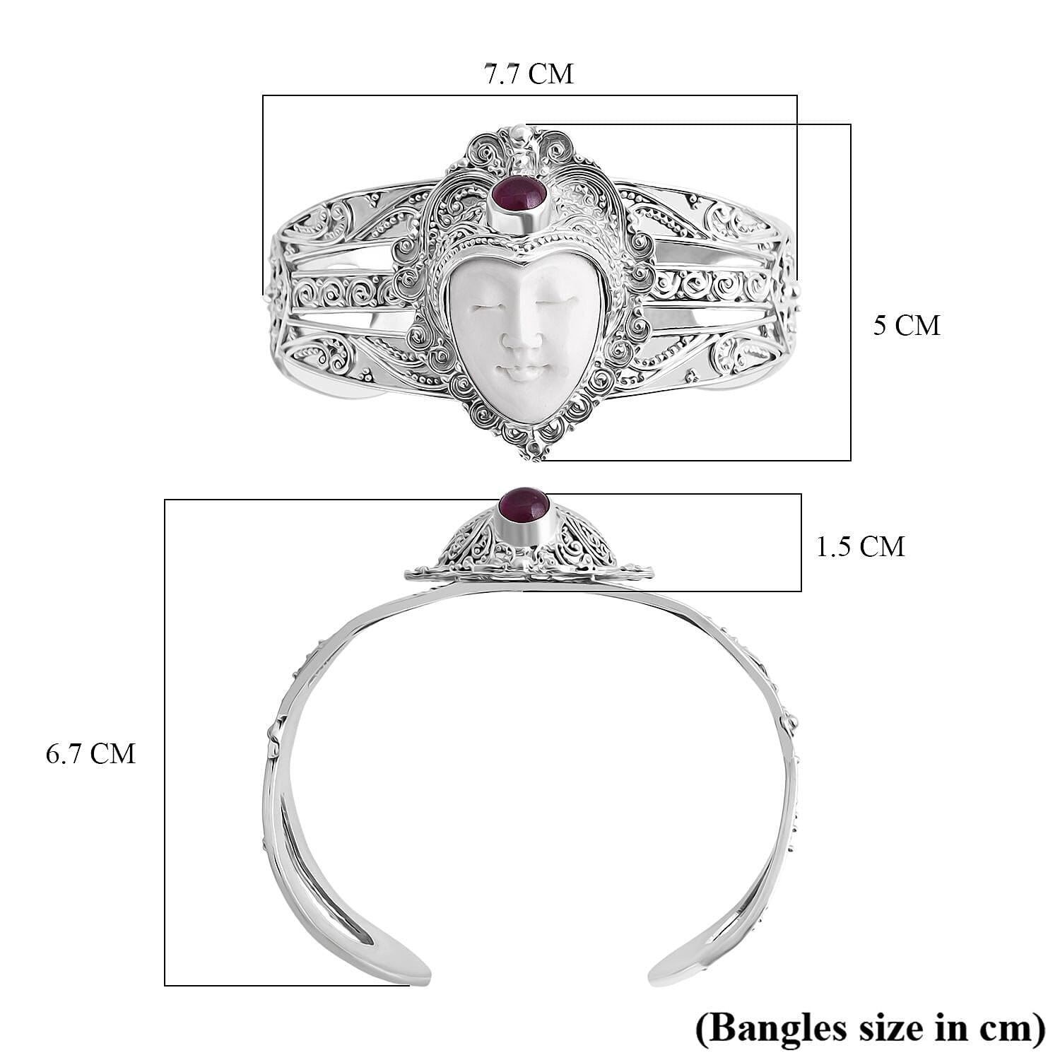 D'Joy Ox Bone & Fissure Filled Ruby Bangle (Size 7.5) Sterling Silver 15.58 Ct, Silver Wt. 44.45 Gms.