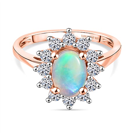 Luxuriant Ethiopian Opal & Lab Grown Diamond (SI-GH) Ring in 18K Vermeil Rose Gold Plated Sterling Silver 1.64 Ct.
