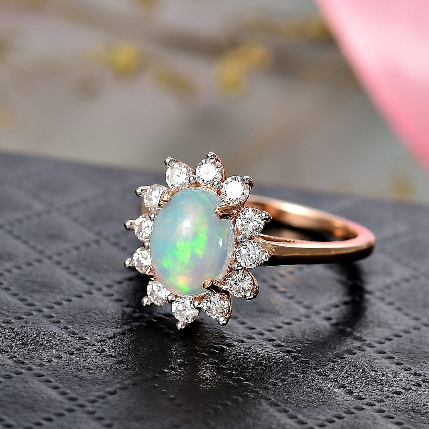 Luxuriant Ethiopian Opal & Lab Grown Diamond (SI-GH) Ring in 18K Vermeil Rose Gold Plated Sterling Silver 1.64 Ct.