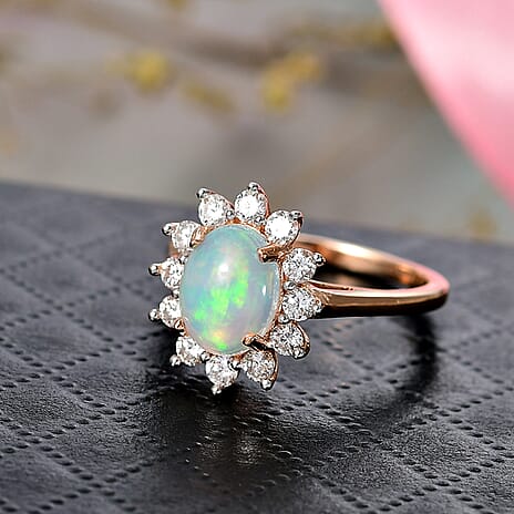 Luxuriant Ethiopian Opal & Lab Grown Diamond (SI-GH) Ring in 18K Vermeil Rose Gold Plated Sterling Silver 1.64 Ct.