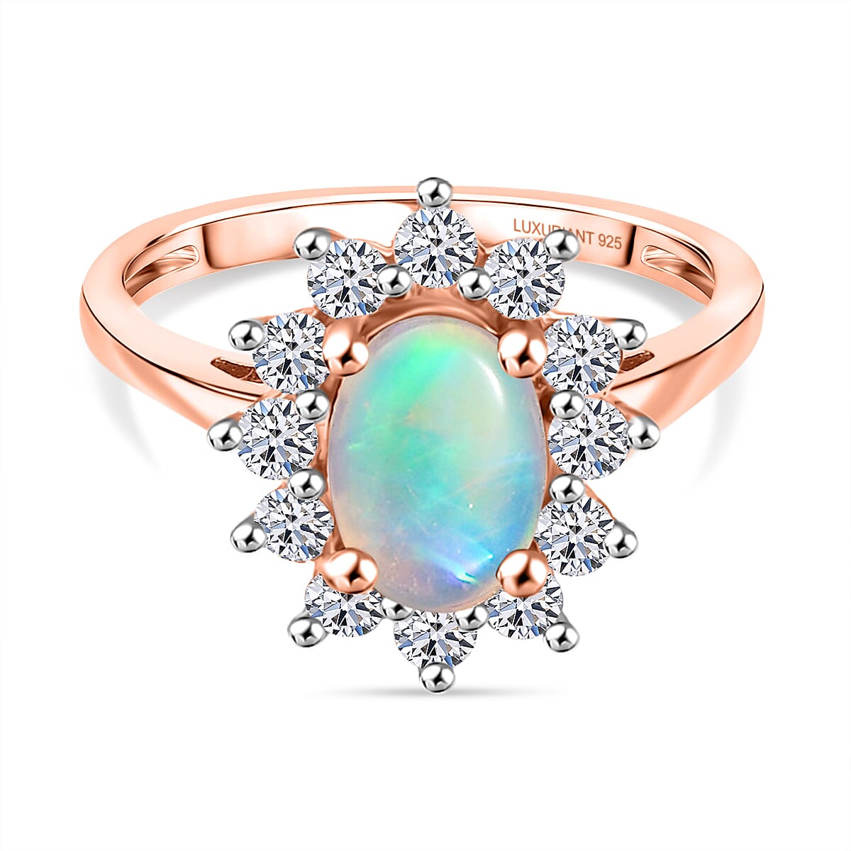 Luxuriant Ethiopian Opal & Lab Grown Diamond (SI-GH) Halo Ring in 18K Vermeil Rose Gold Plated Sterling Silver 1.64 Ct.