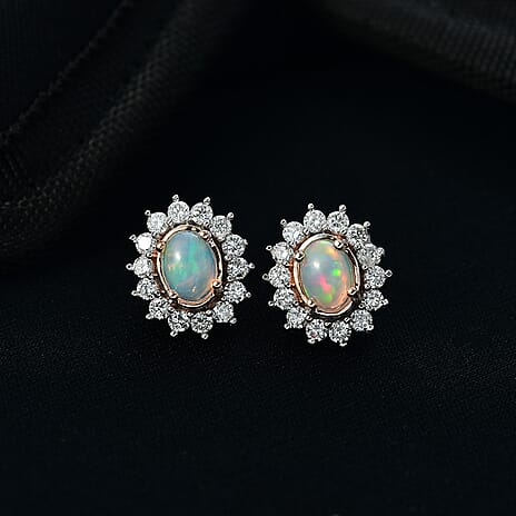 Luxuriant Ethiopian Opal & Lab Grown Diamond Earring with Push Back in 18K Vermeil Rose Gold Plated Sterling Silver 2.18 Ct.
