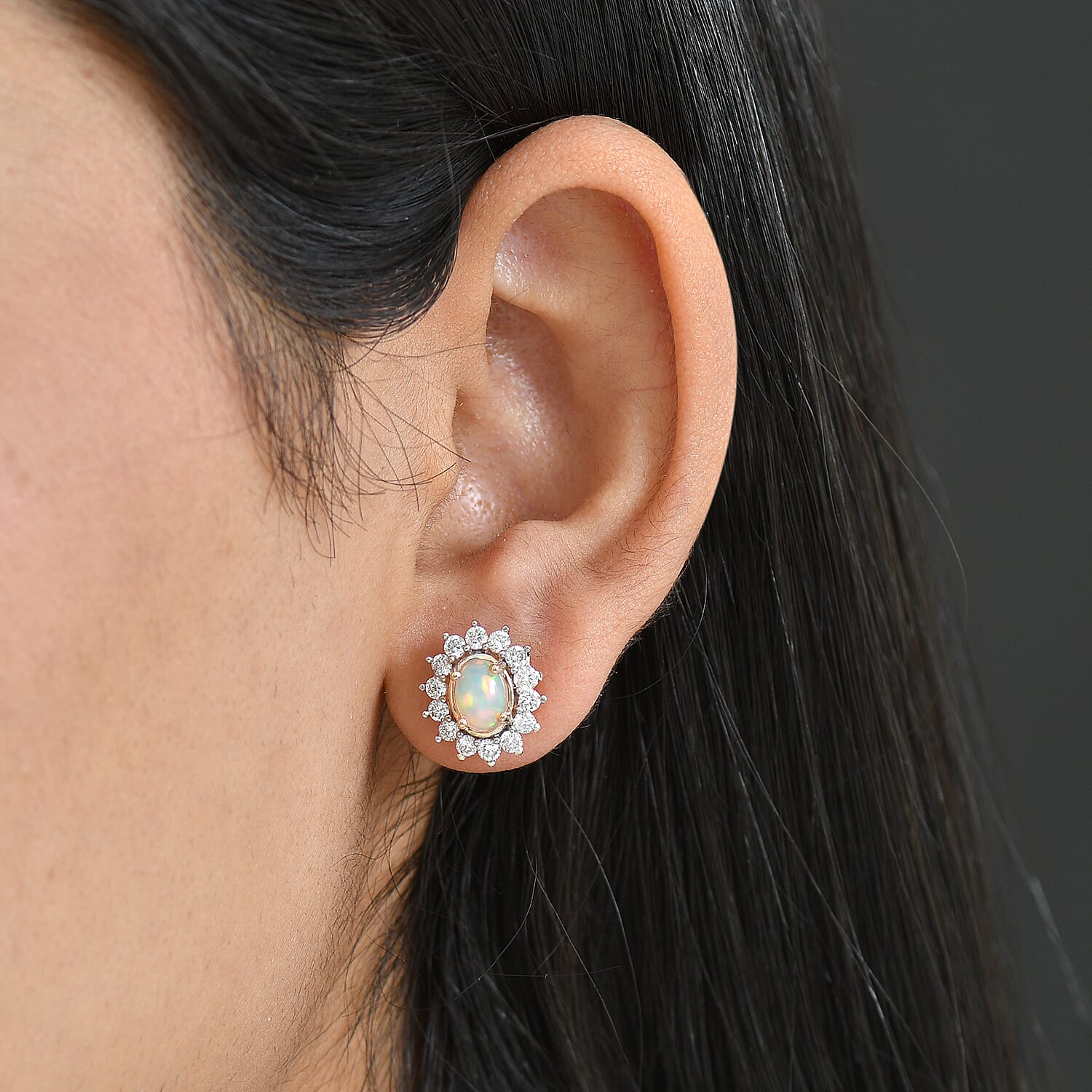Luxuriant Ethiopian Opal & Lab Grown Diamond Earring with Push Back in 18K Vermeil Rose Gold Plated Sterling Silver 2.18 Ct.