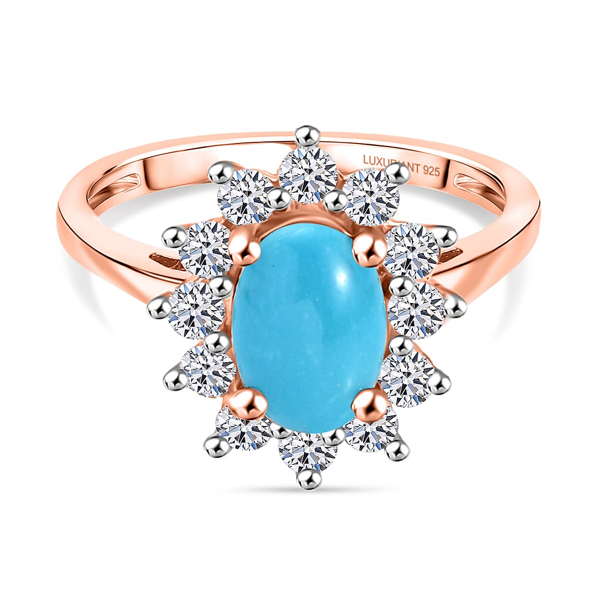Luxuriant Sleeping Beauty Turquoise & Lab Grown Diamond (SI-GH) Ring in 18K Vermeil Rose Gold Plated Sterling Silver 2.38 Ct.