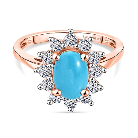 DOORBUSTER DEAL - Luxuriant Sleeping Beauty Turquoise &amp; Lab Grown Diamond (SI/GH) Ring in 18K Vermeil Rose Gold Plated Sterling Silver 2.38 Ct.