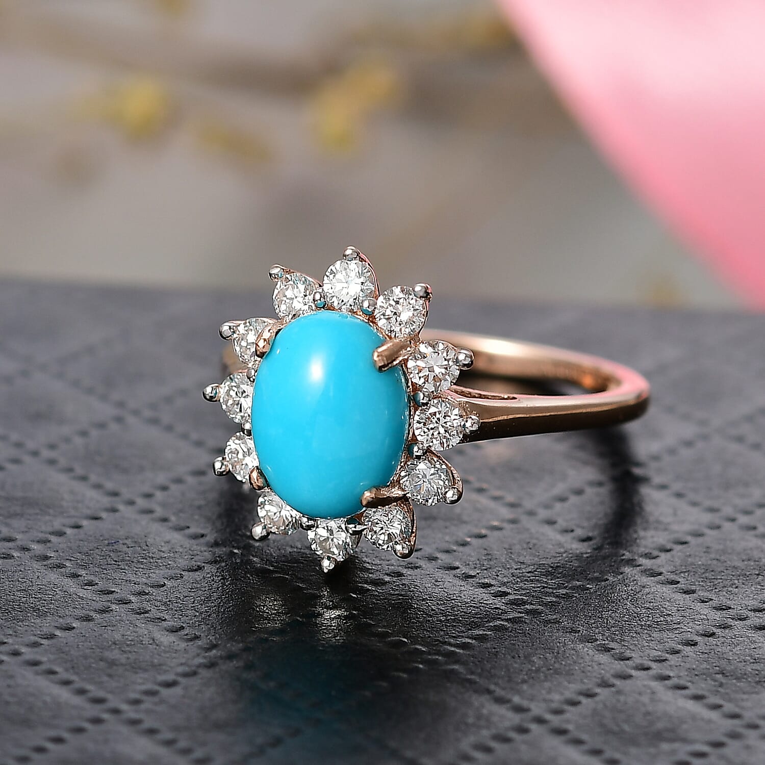 Luxuriant Sleeping Beauty Turquoise & Lab Grown Diamond (SI-GH) Ring in 18K Vermeil Rose Gold Plated Sterling Silver 2.38 Ct.