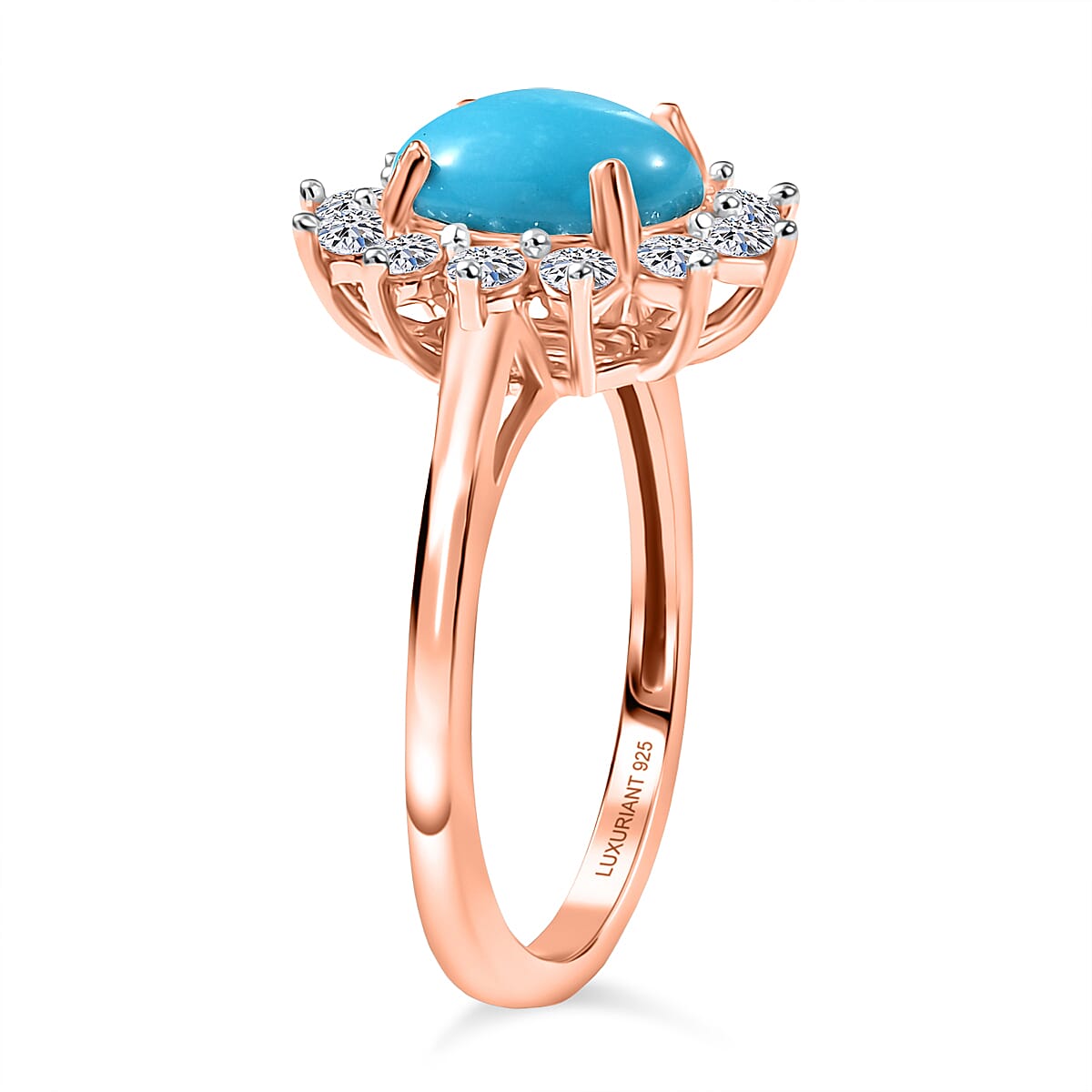 Luxuriant Sleeping Beauty Turquoise & Lab Grown Diamond (SI-GH) Ring in 18K Vermeil Rose Gold Plated Sterling Silver 2.38 Ct.