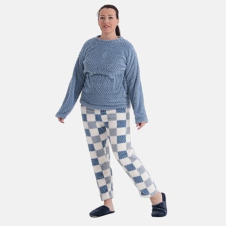 Styled By- Set of 2 - Long Sleeve Top - Checkered Pattern Pyjama Set (Size - S-M) - Blue - White