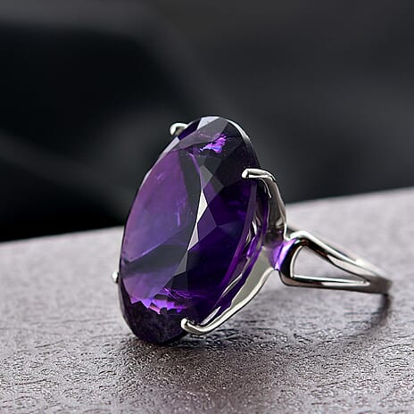 D'Joy African Amethyst Ring in Rhodium Overlay Sterling Silver 46.77 Ct, Silver Wt. 7.51 Gms.