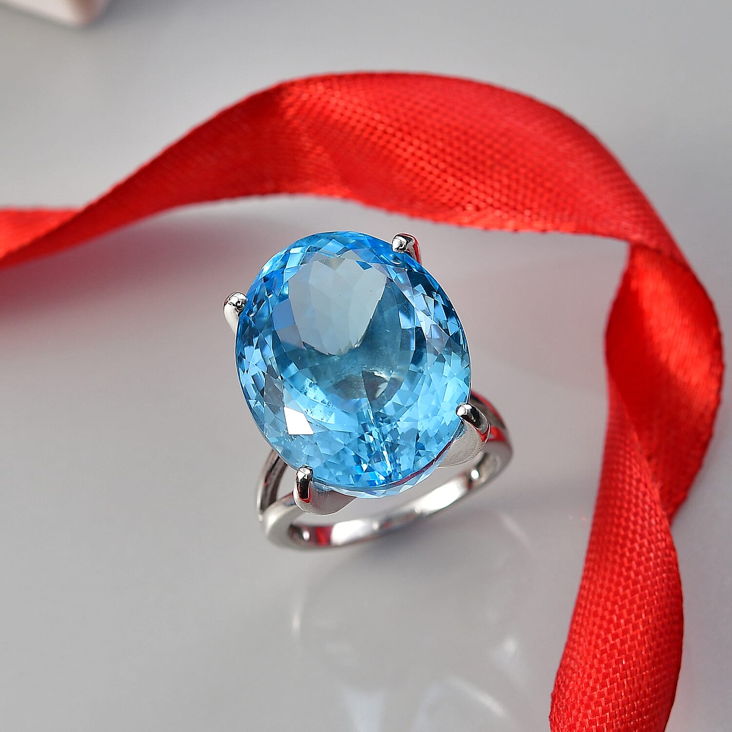 D'Joy Skyblue Topaz Ring in Rhodium Overlay Sterling Silver 44.75 Ct.