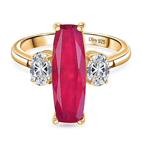 D'Joy African Ruby & Moissanite 3 Stone Ring in 18K Vermeil Yellow Gold Plated Sterling Silver 6.92 Ct.