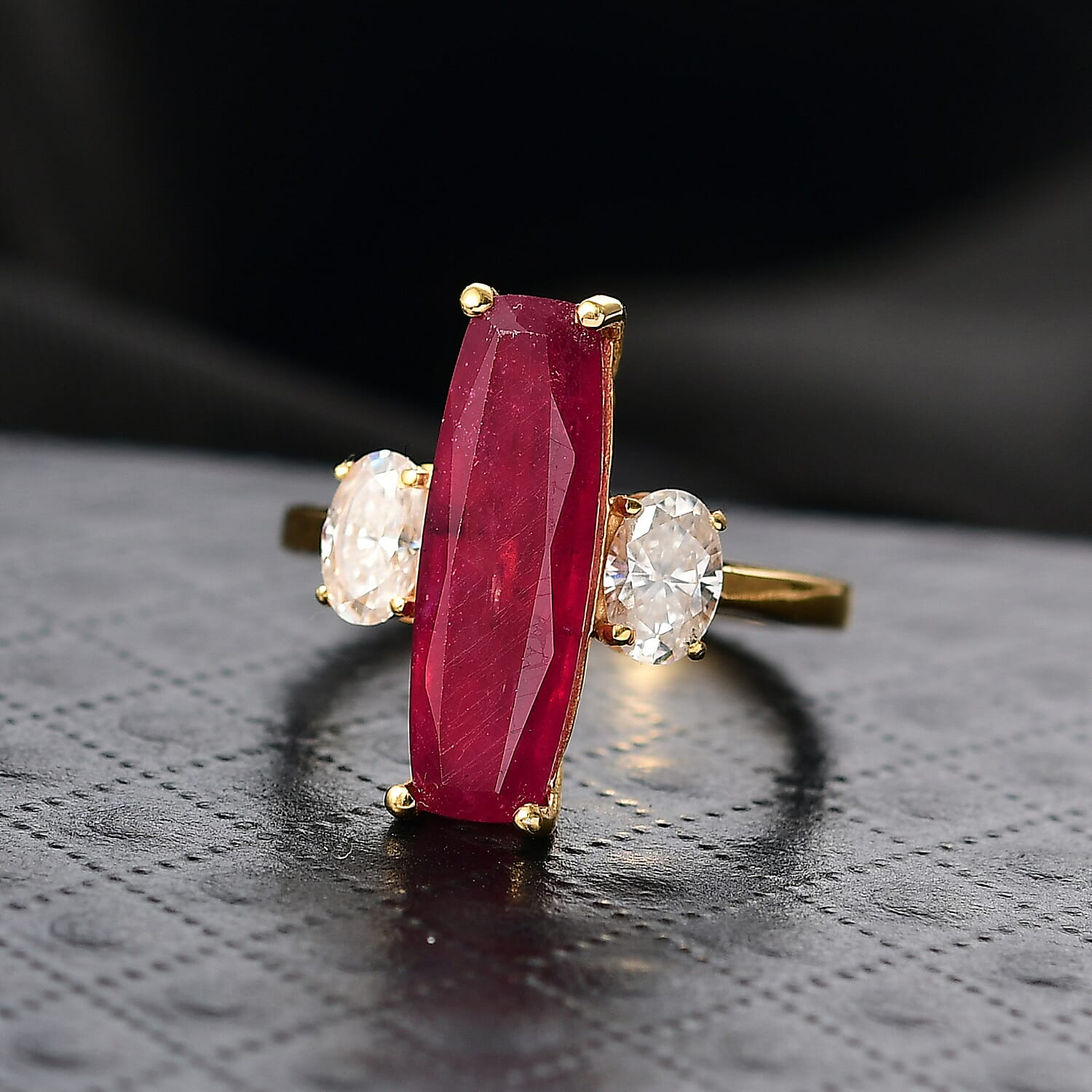 D'Joy African Ruby & Moissanite 3 Stone Ring in 18K Vermeil Yellow Gold Plated Sterling Silver 6.92 Ct.