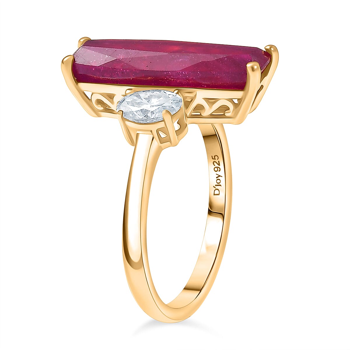 D'Joy African Ruby & Moissanite 3 Stone Ring in 18K Vermeil Yellow Gold Plated Sterling Silver 6.92 Ct.