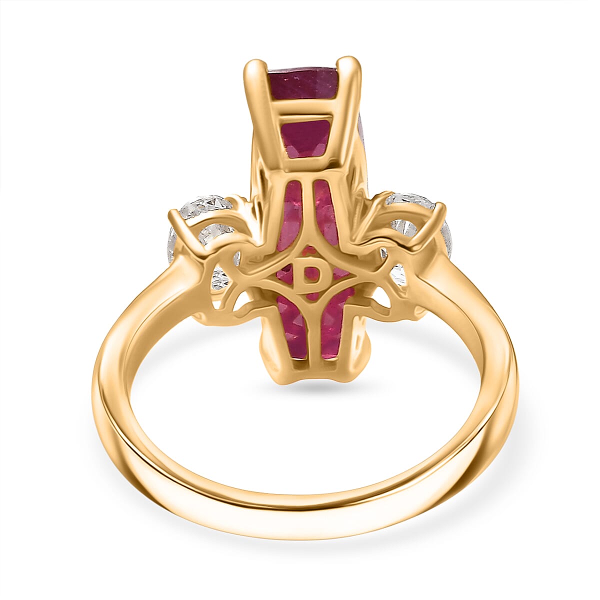 D'Joy African Ruby & Moissanite 3 Stone Ring in 18K Vermeil Yellow Gold Plated Sterling Silver 6.92 Ct.