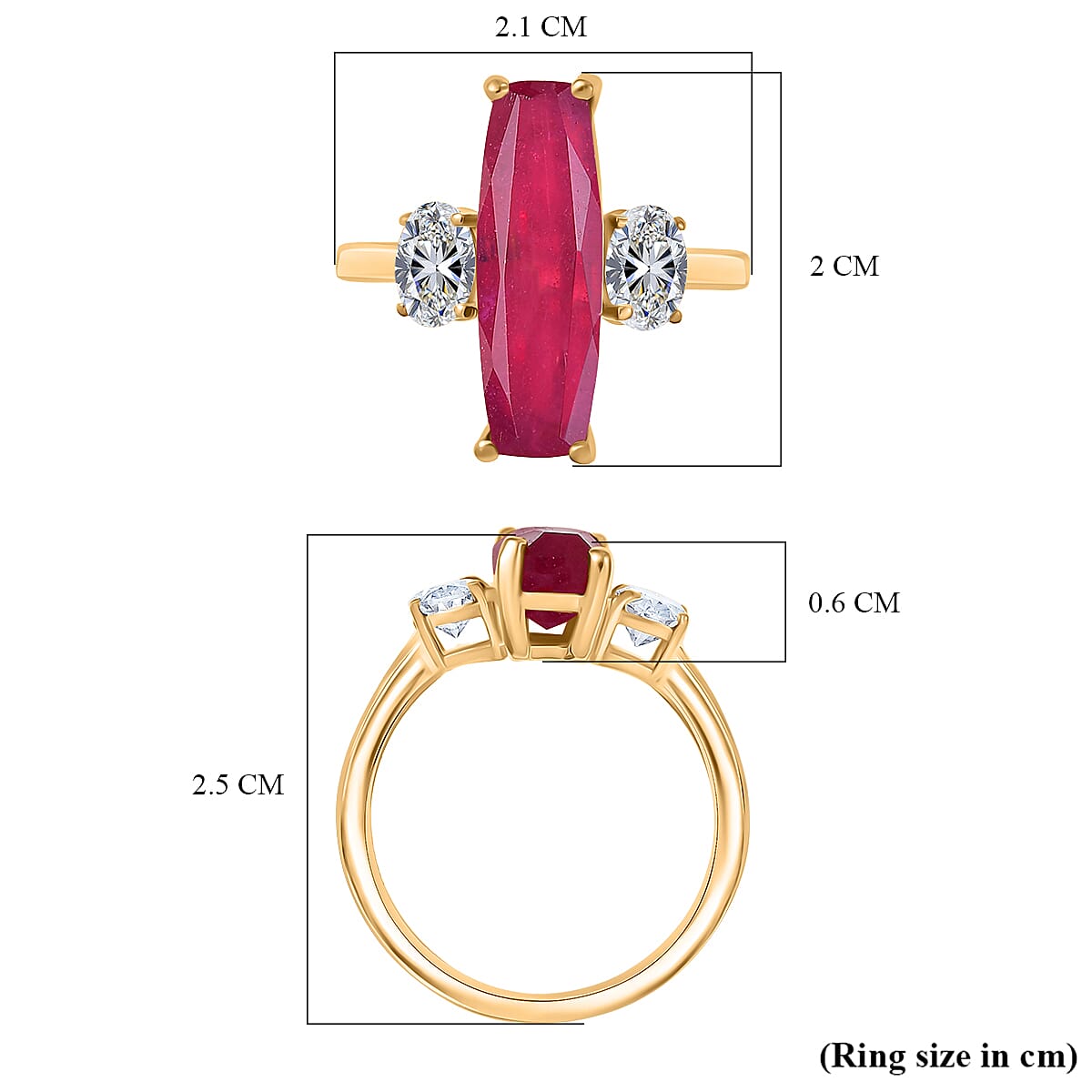 D'Joy African Ruby & Moissanite 3 Stone Ring in 18K Vermeil Yellow Gold Plated Sterling Silver 6.92 Ct.