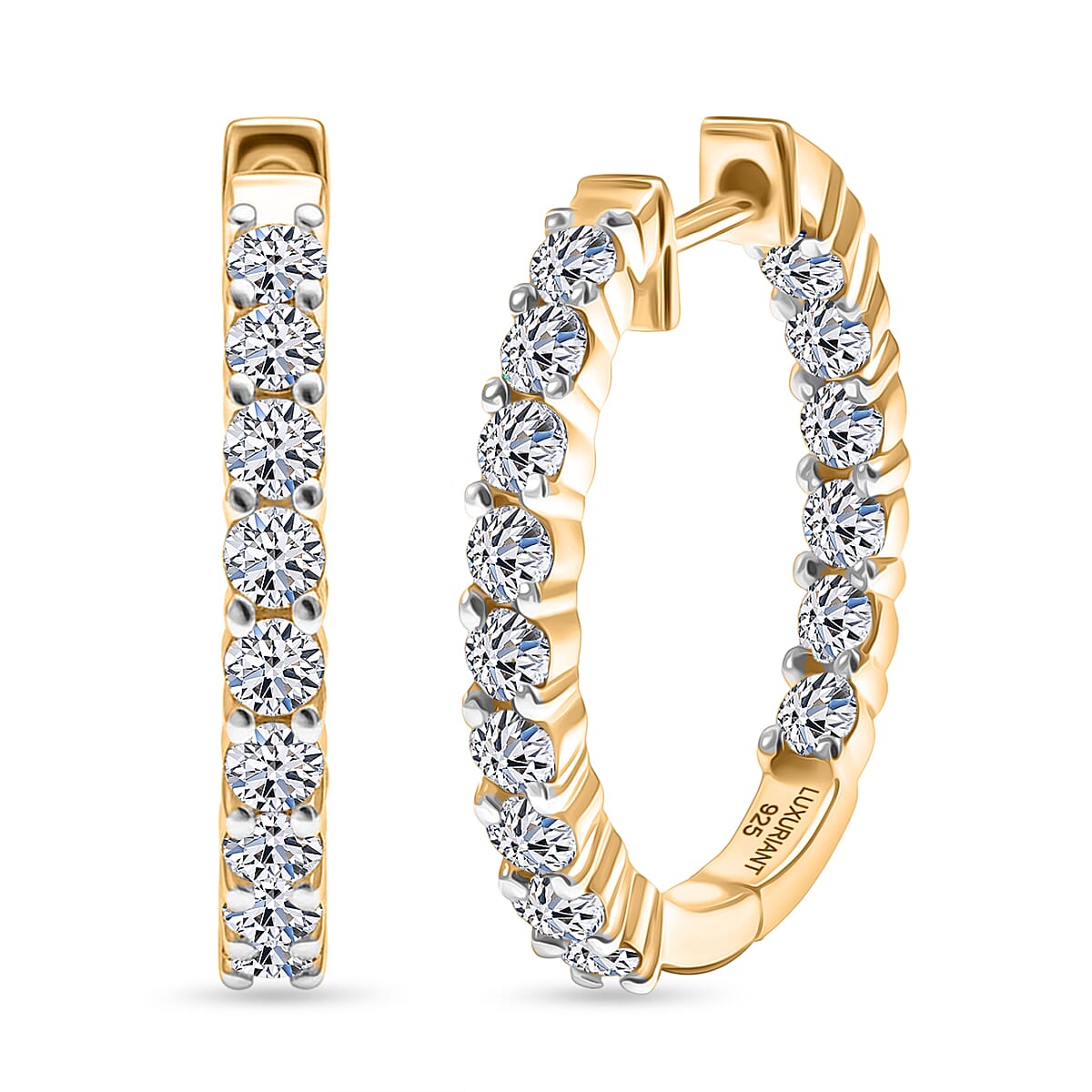 Luxuriant Lab Grown Diamond (SI-GH) J Hoop Half Hoop Earring in 18K Vermeil Yellow Gold Plated Sterling Silver 1.89 Ct, Silver Wt. 5.22 Gms.