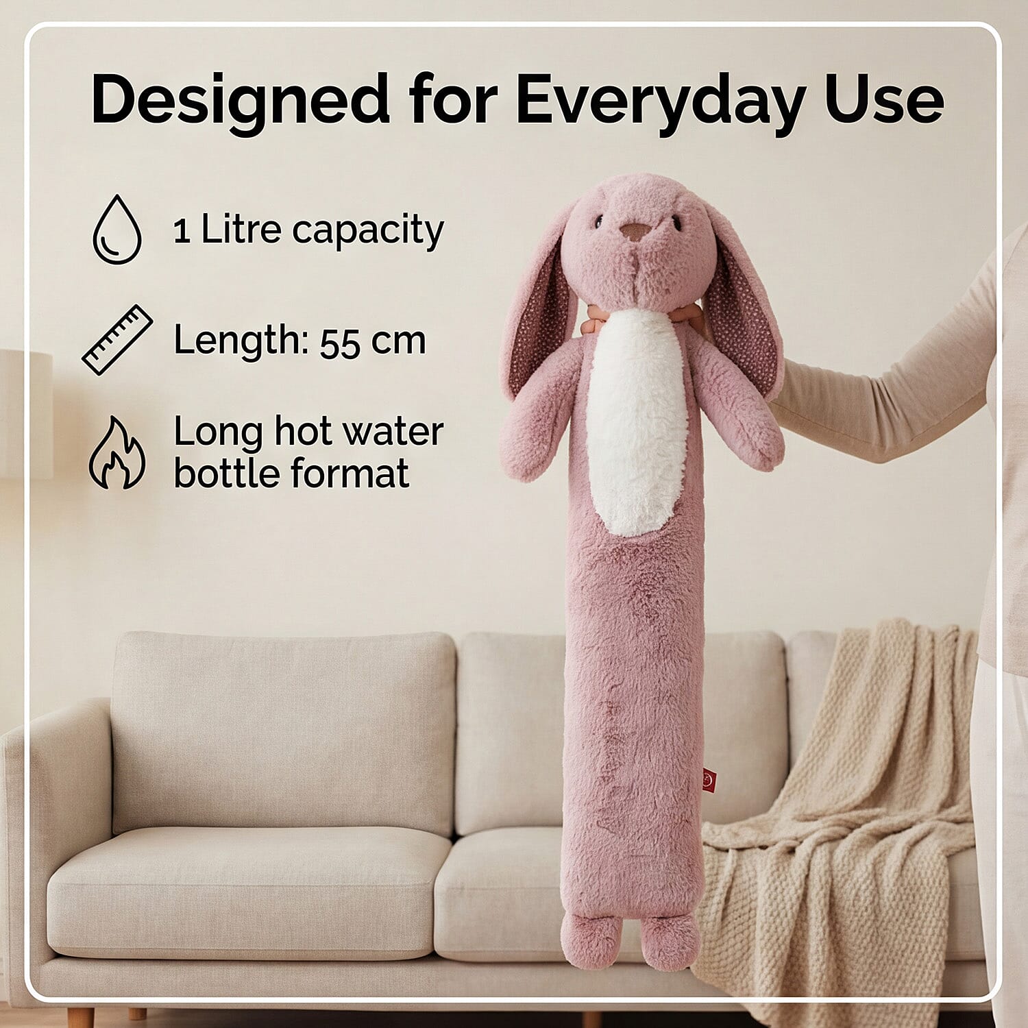 Aroma Super Soft Bunny Long Hot Water Bottle Cover - Pink