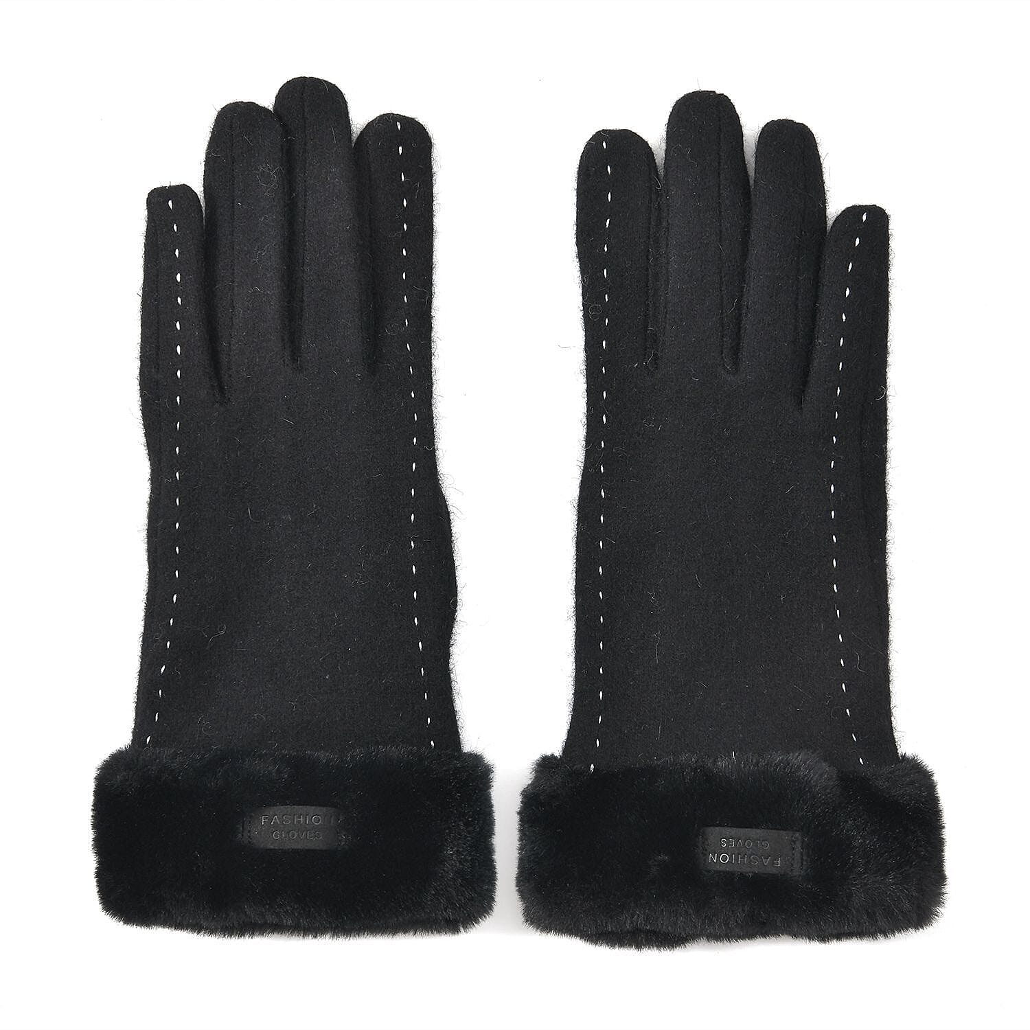 Cashmere Faux Fur Touch Screen Gloves (Size 23x9 cm) - Black